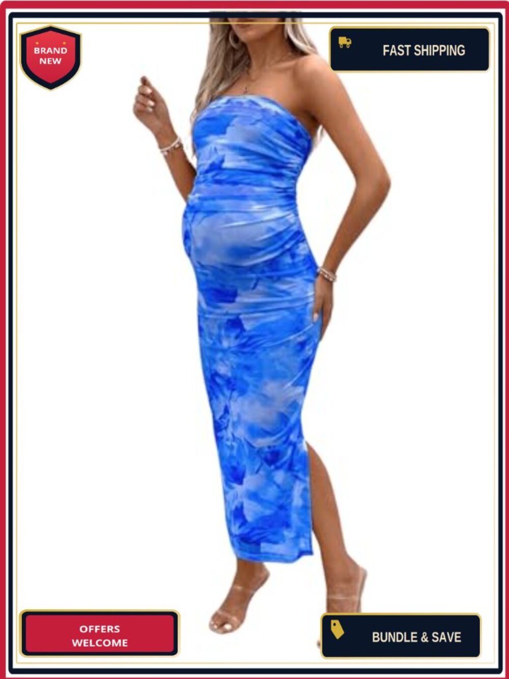 Strapless Maternity Bodycon Maxi Dress Floral Tie Dye Split Thigh